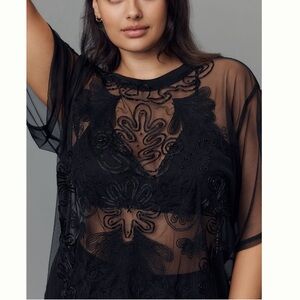 Nwt anthro sheet Black Embroidered Mesh Top